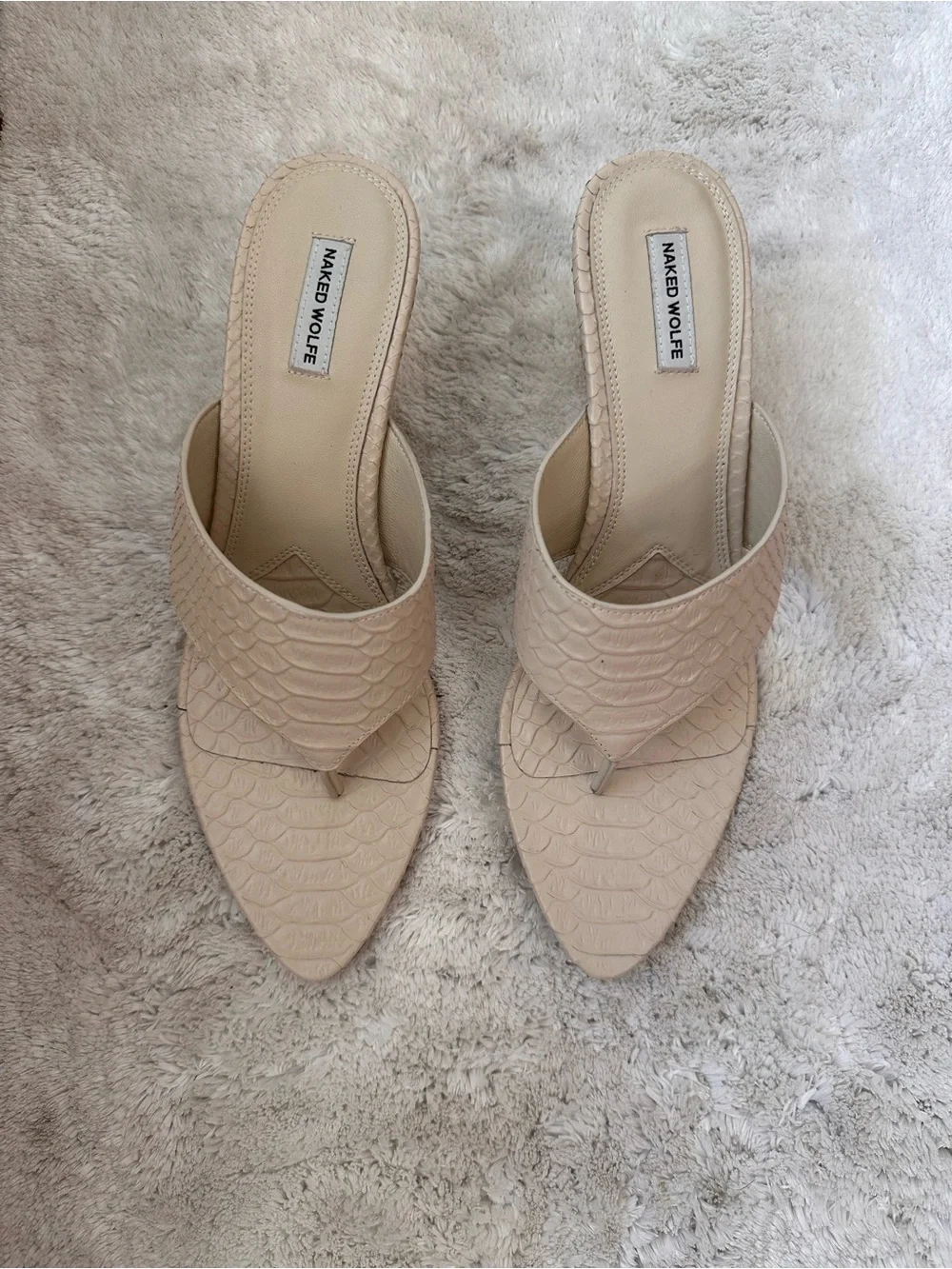 Naked Wolfe Neutral Textured Thong Wedge Mules